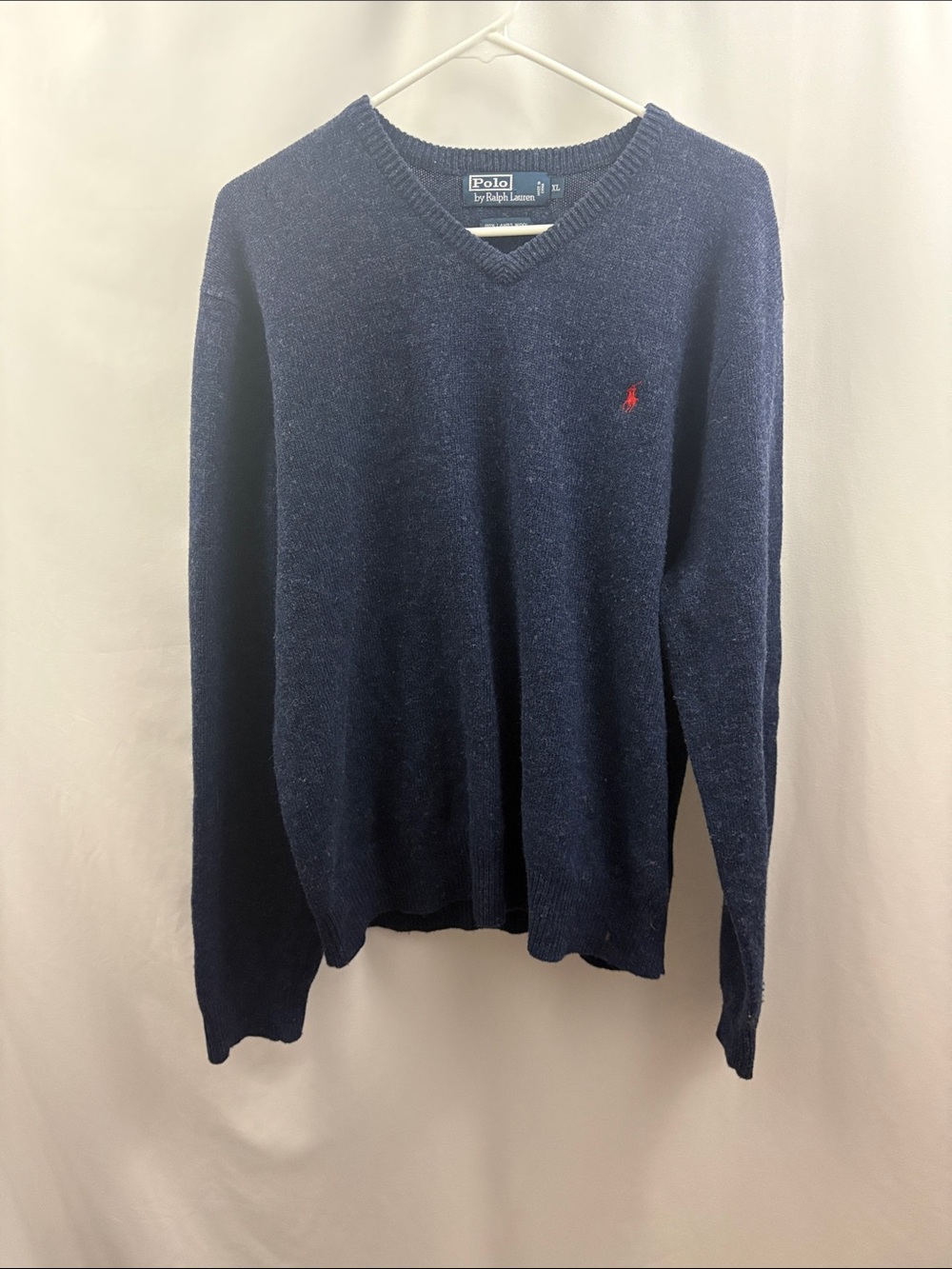 Polo by Ralph Lauren Mens Navy Blue V-Neck Lambswool Sweater XL Red Pony
